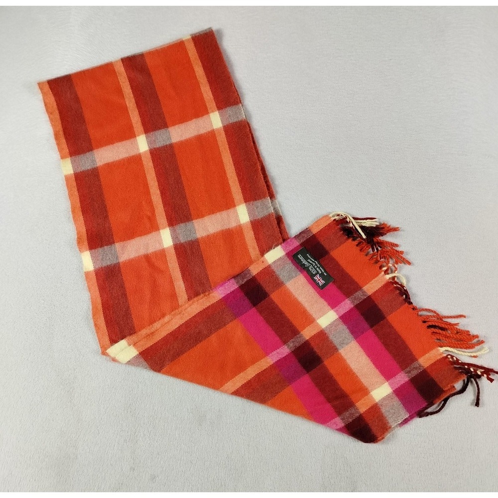 Scarf Womens One Size Orange Plaid Cashmere Fringe Made In Scotland Winter Soft